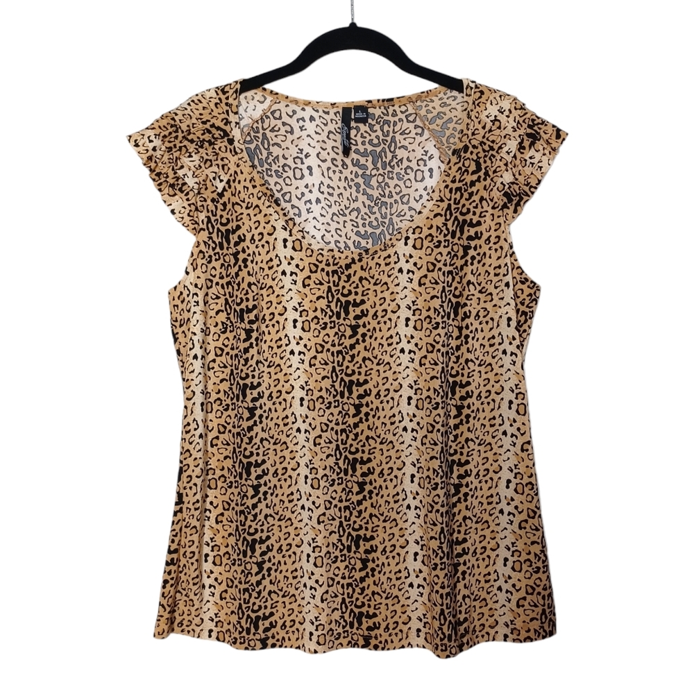 ESSENTIALS BY MILANO Brown Black Animal Print Pleated Ruffle Cap Sleeve Top
